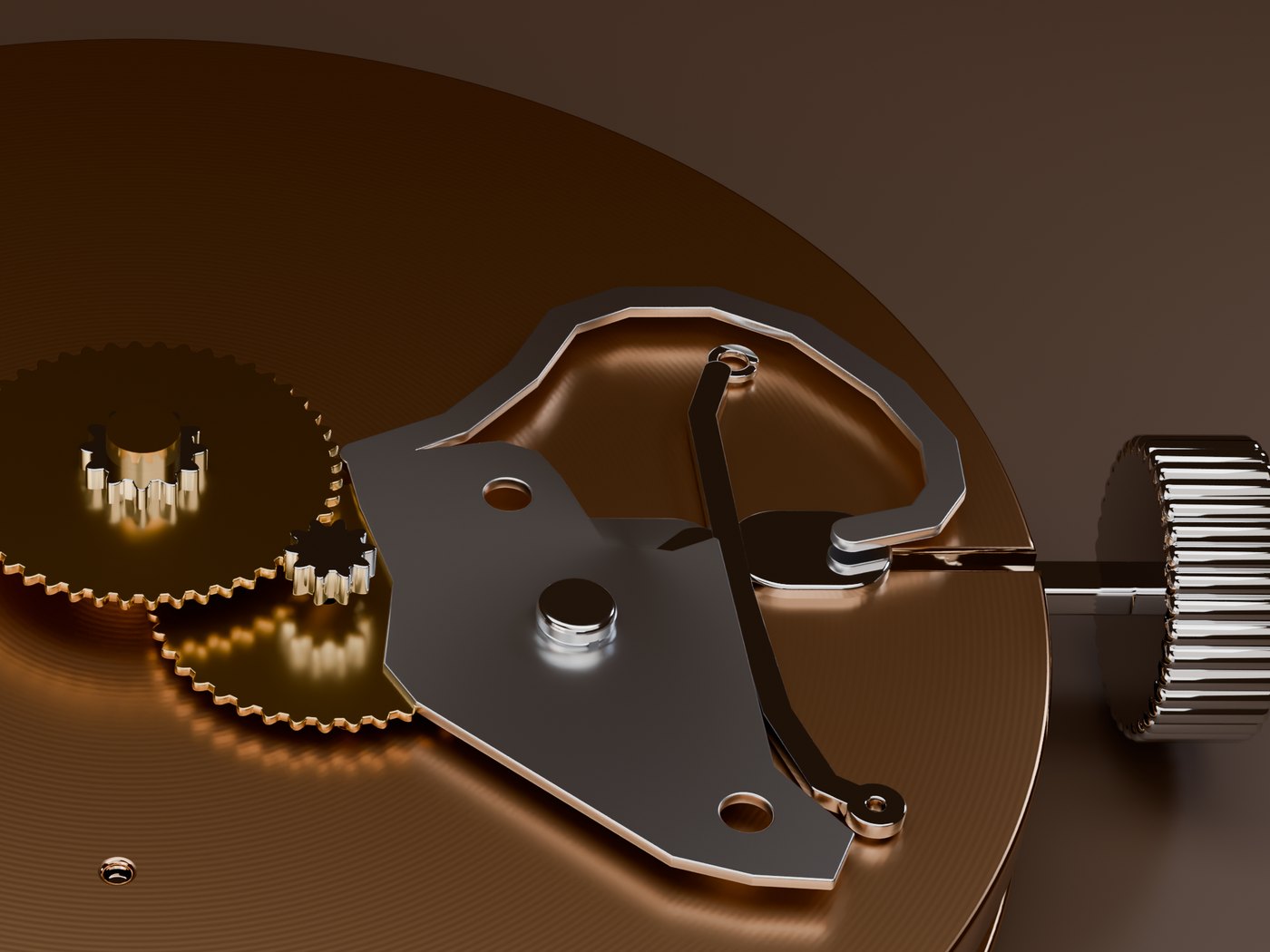 Dial side of a watch movement showing motion work and keyless works, modelled from a factory photograph