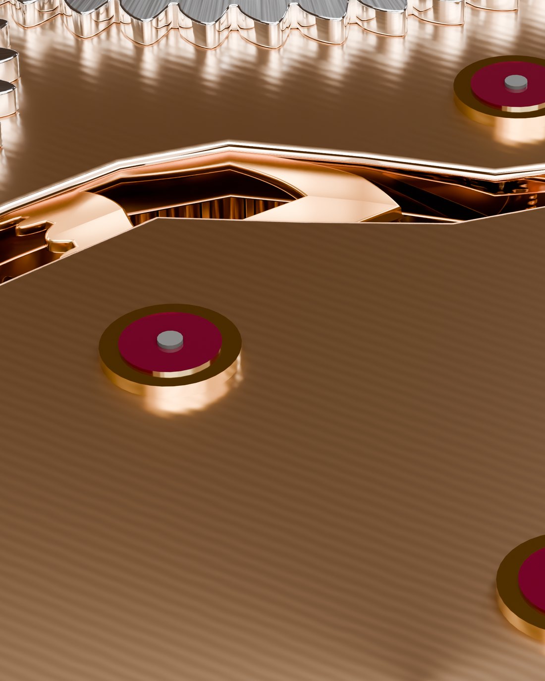 Ruby jewels in gold settings on a grained bridge